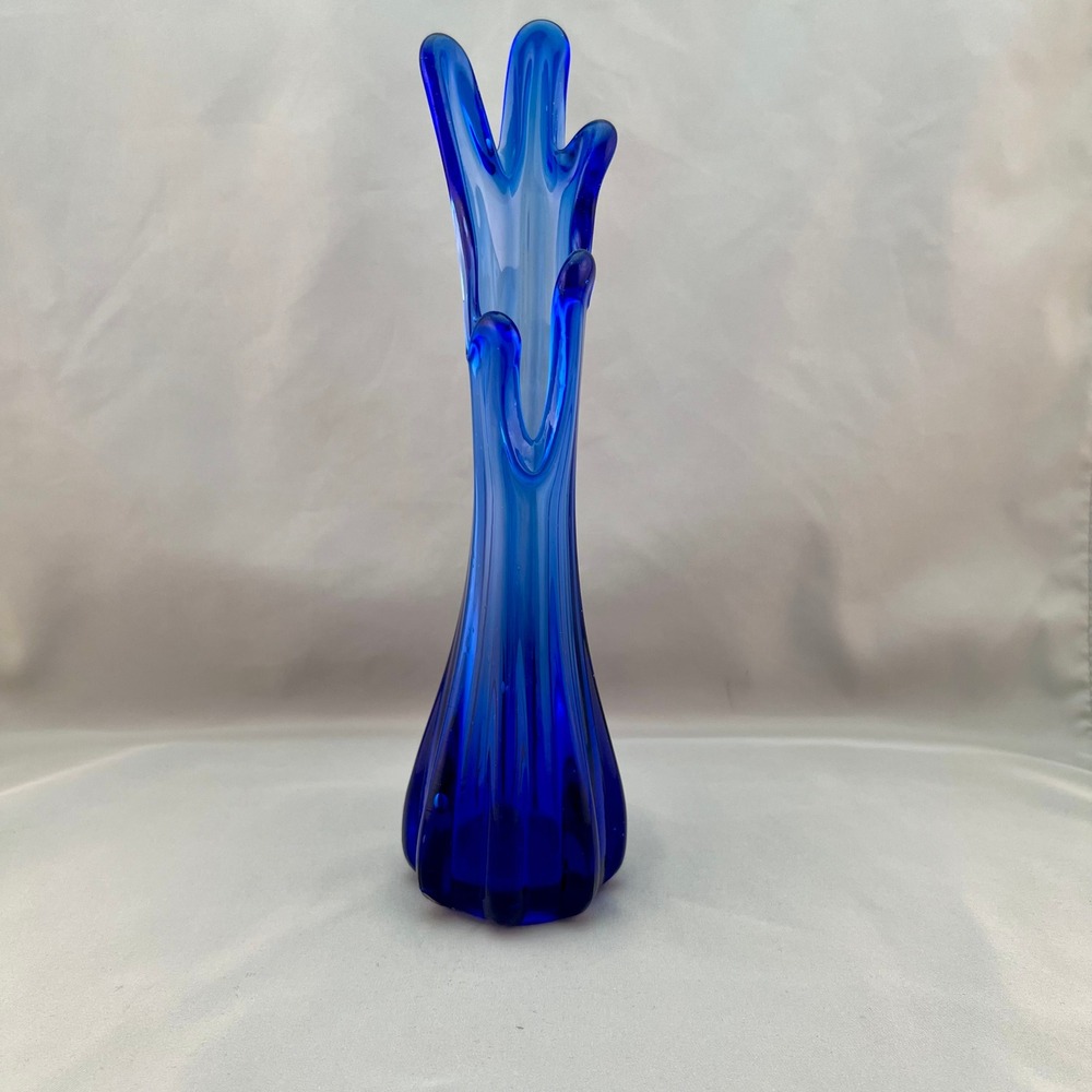 Unbranded Swung Glass Vase Home Decor Blue Excellent Mid Century Modern Ribbed